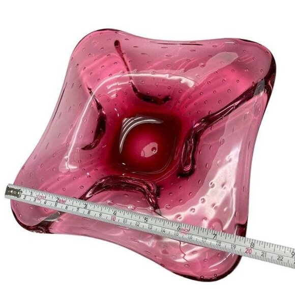 Cranberry Controlled Bubble Blown Art Glass Square Bowl Plate Serving or Decor - Picture 6 of 6